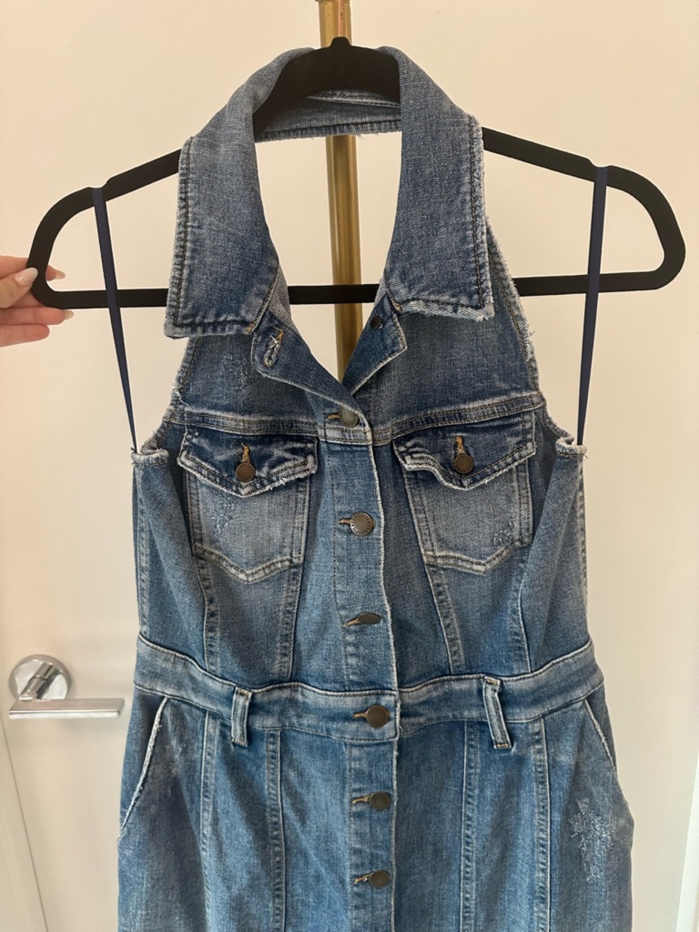 Retrofete Logan Light Blue Denim Halter Button-Front Midi Dress - Picture 3 of 9